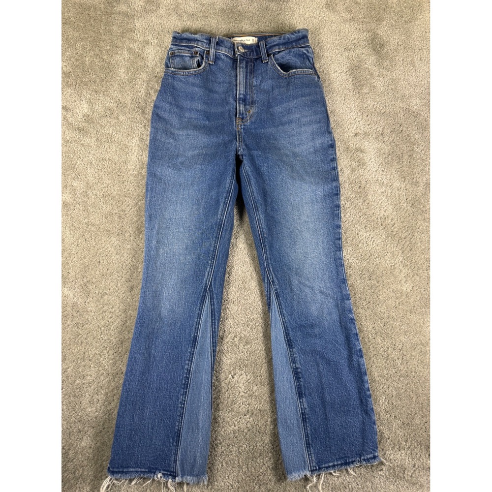 Abercrombie & Fitch The Kick Flare Ultra High Rise Jeans Blue Two Tone Hem 25